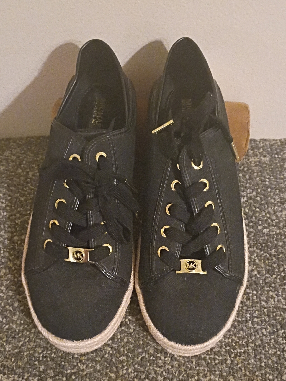 Michael Kors Black Canvas Espadrille-Style Lace-Up Sneakers with Gold Hardware